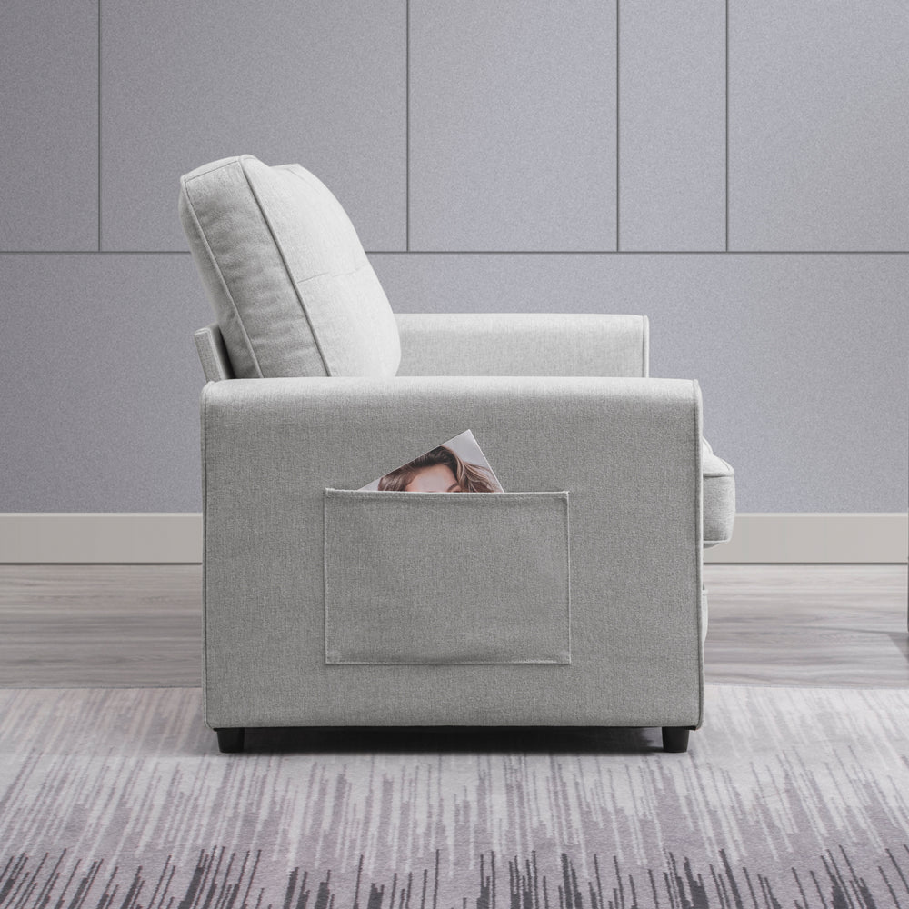 "Convertible Loveseat Sleeper: Upholstered Sofa Bed in Light Grey"