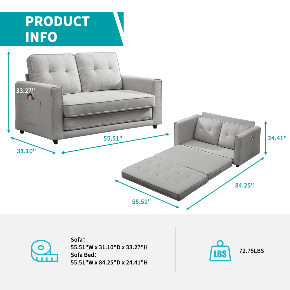 "Convertible Loveseat Sleeper: Upholstered Sofa Bed in Light Grey"